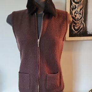 Brown Wool Sleeveless Jacket with Black Collar